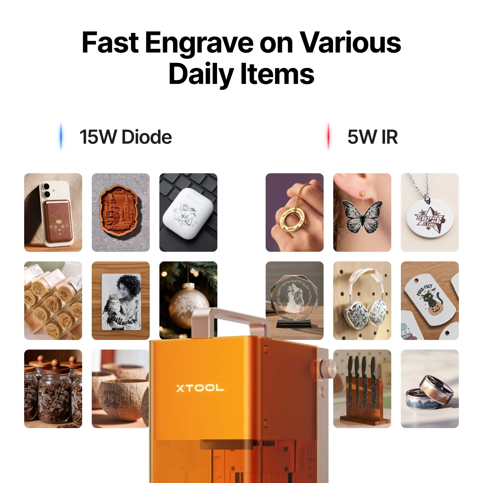 XTool engraving tool with examples of engraved items on a white background