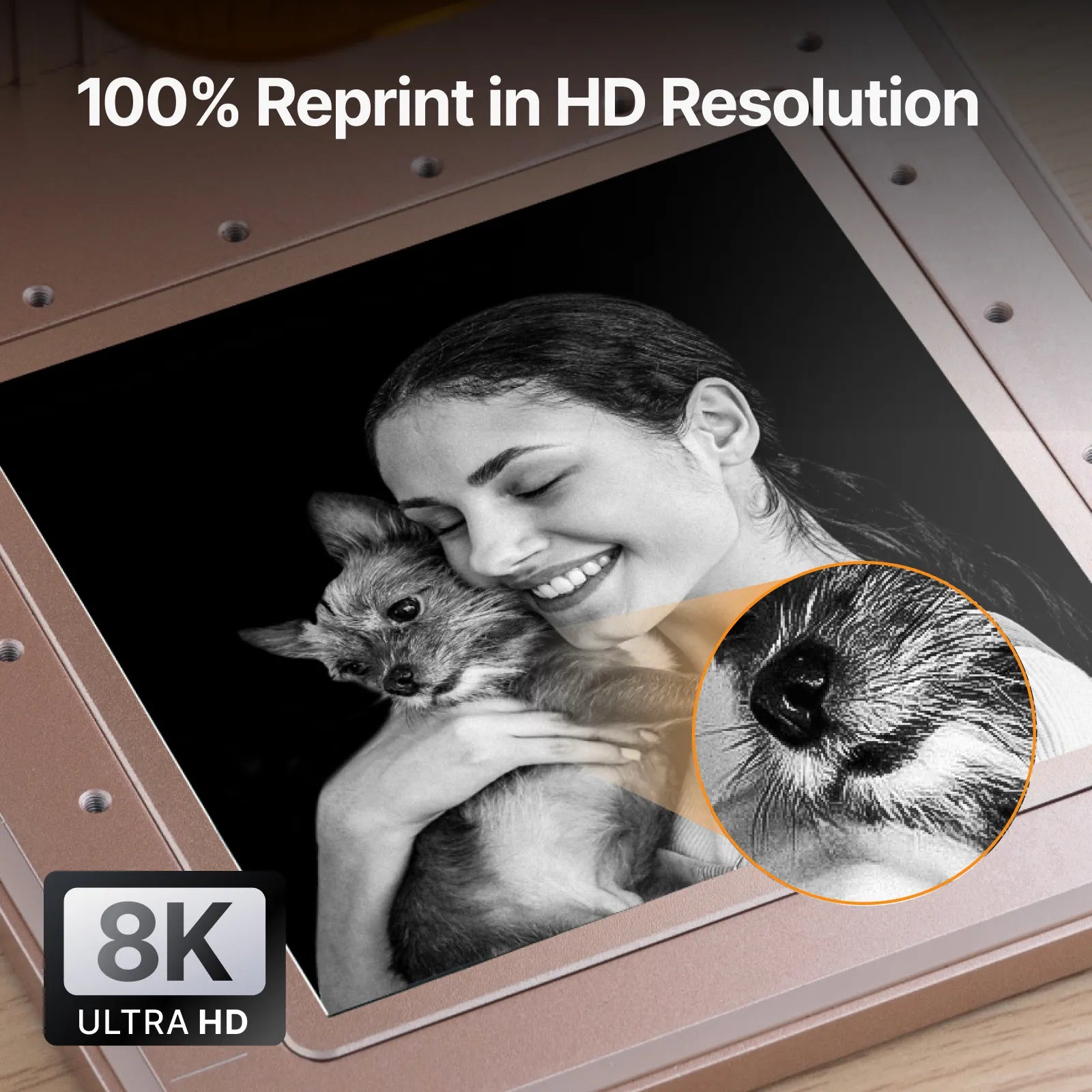 Woman holding a dog with close-up of dog's eye on a screen, labeled 100% reprint in HD resolution and 8K Ultra HD.
