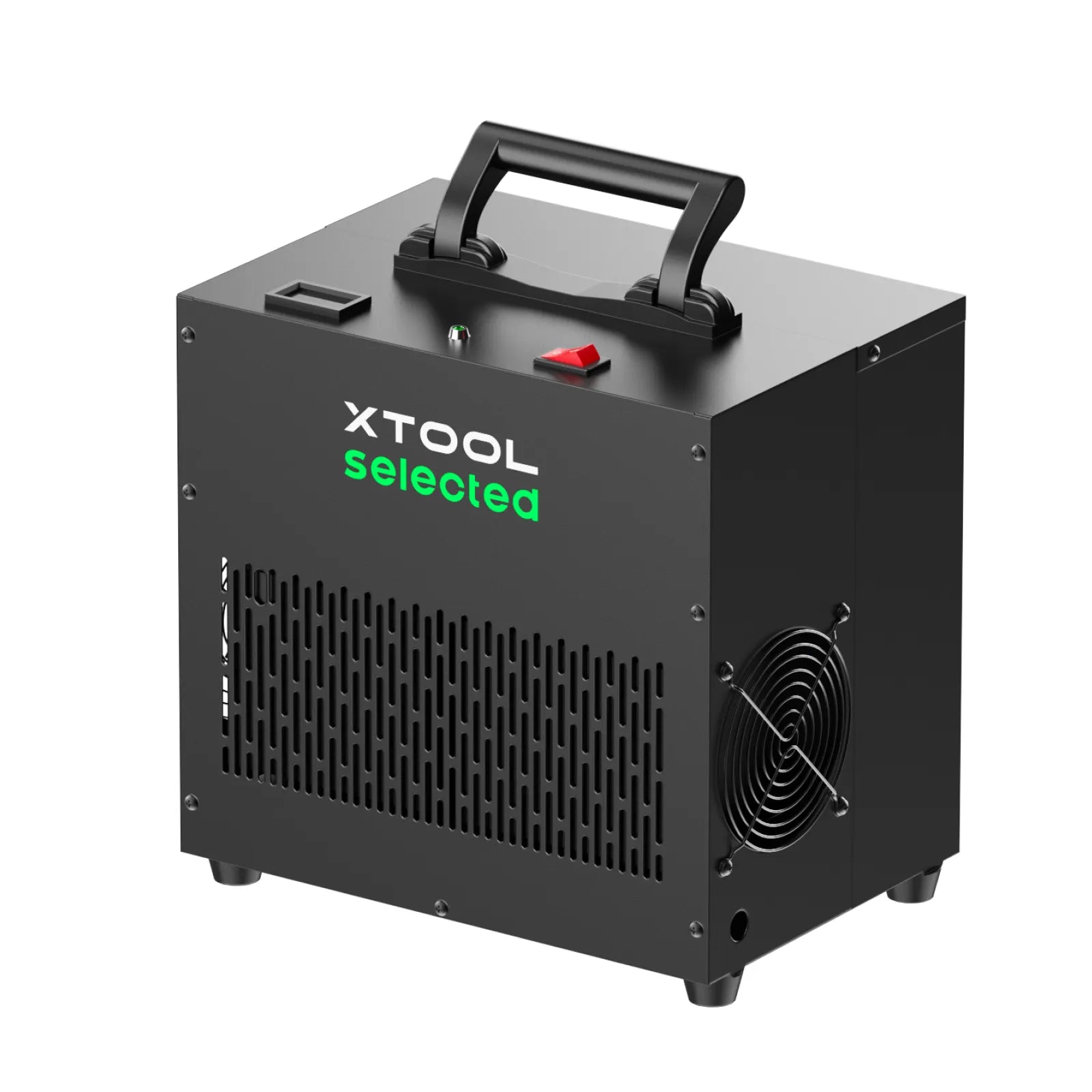 xTool Selected HyperPure Air Dryer in a matte black industrial finish, featuring a top carrying handle, power switch, and side ventilation cooling fan.