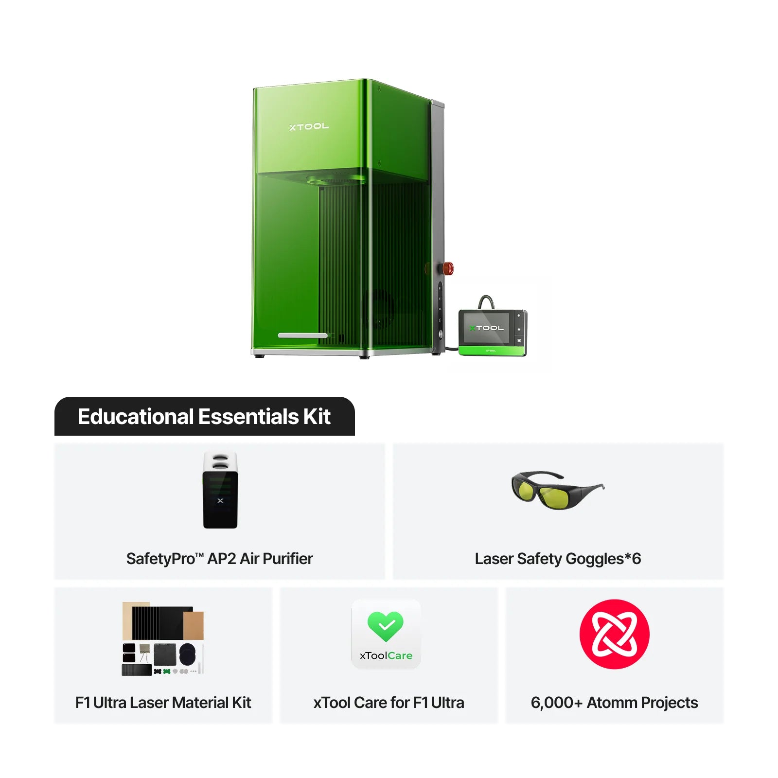 xTool Educational Essentials Kit with green laser engraving machine on a white background