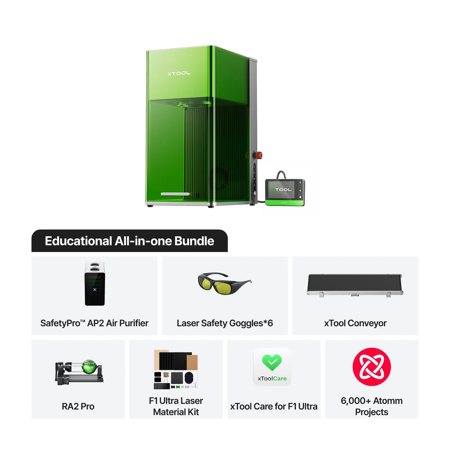 Educational all-in-one bundle with green machine and related items on a white background