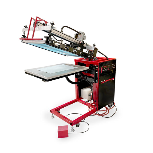 Lawson Mini-Printer M-Series compact automatic screen printing press for t-shirts, flatstock, and graphics, featuring a motor-driven head for consistent printing on posters, signs, and garments.