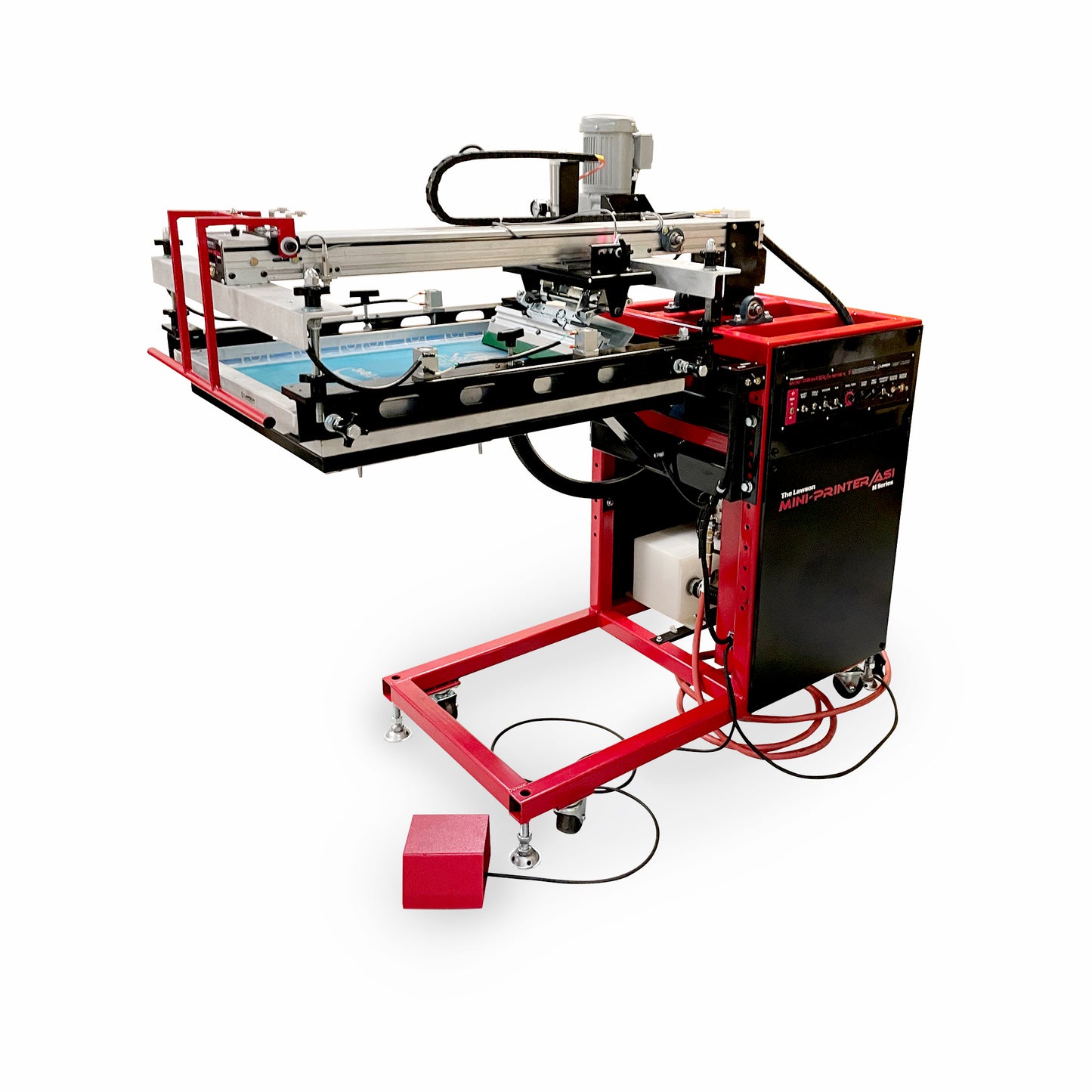 A compact Lawson M-Series clamshell press with a motor-driven print head for consistent 1-color screen printing on garments, signs, and flatstock graphics.