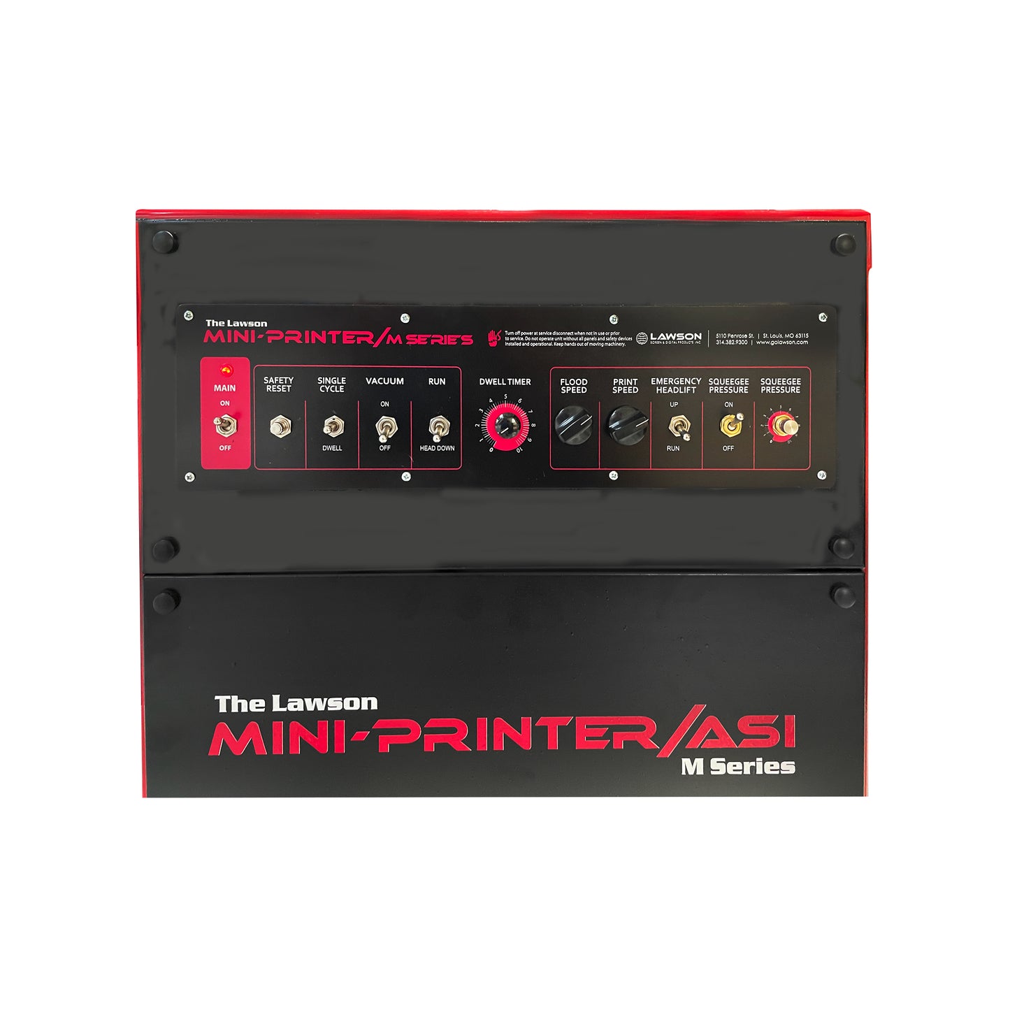 The integrated control interface for the Lawson M-Series clamshell press, highlighting the 'Mini-Printer/ASI' branding and precision controls for motor-driven print stroke and squeegee pressure.